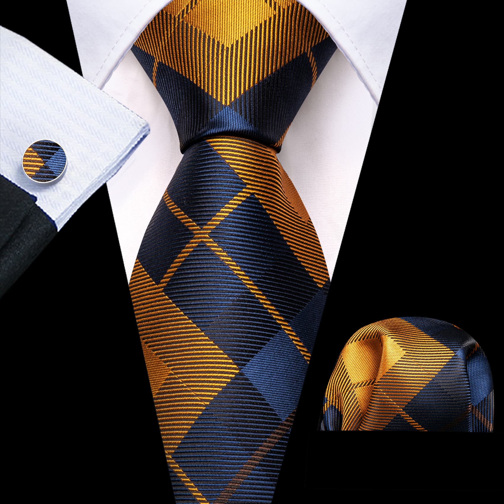 Men's Black Suit with blue gold plaid tie hanky cufflinks set