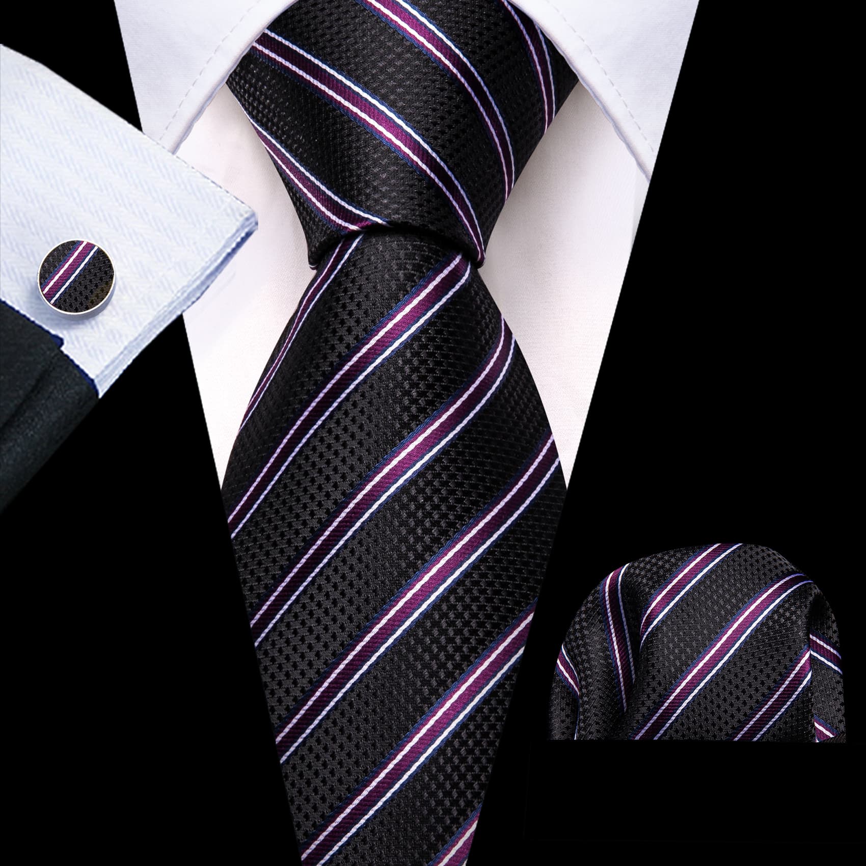 Men's Black Suit with black purple  stripes tie hanky cufflinks set