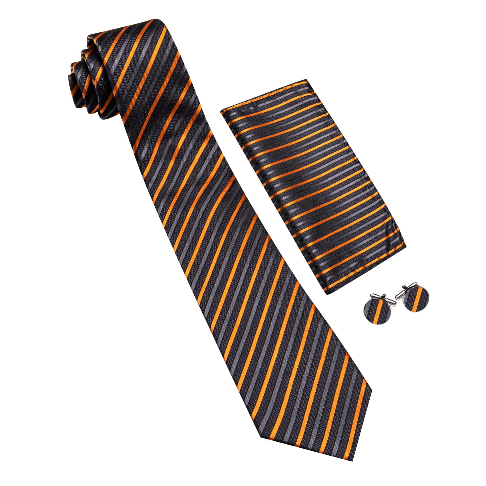 Black Striped Tie with Gold Grey Stripes Men's Necktie Set