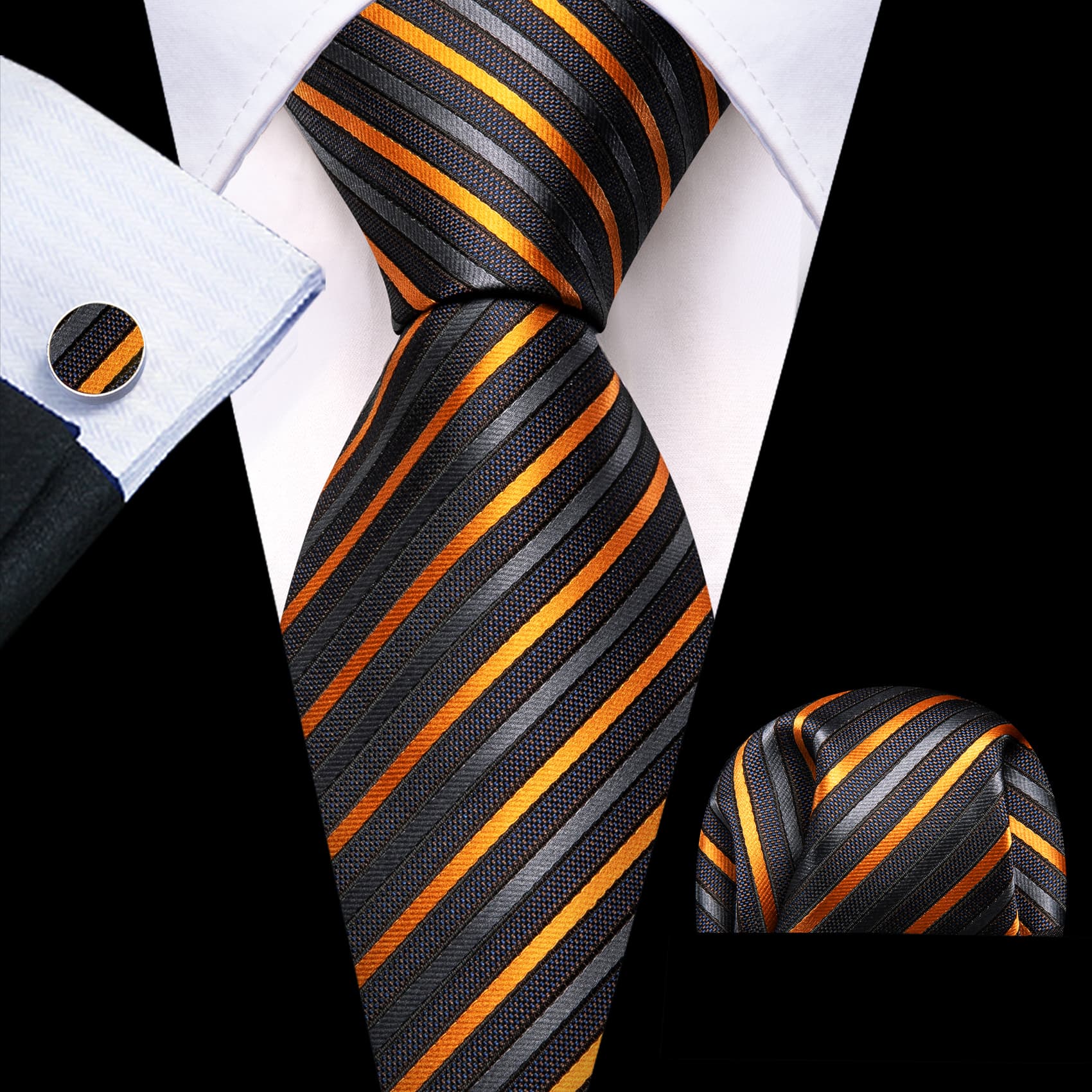 Men's Black Suit with black grey orange stripes tie hanky cufflinks set