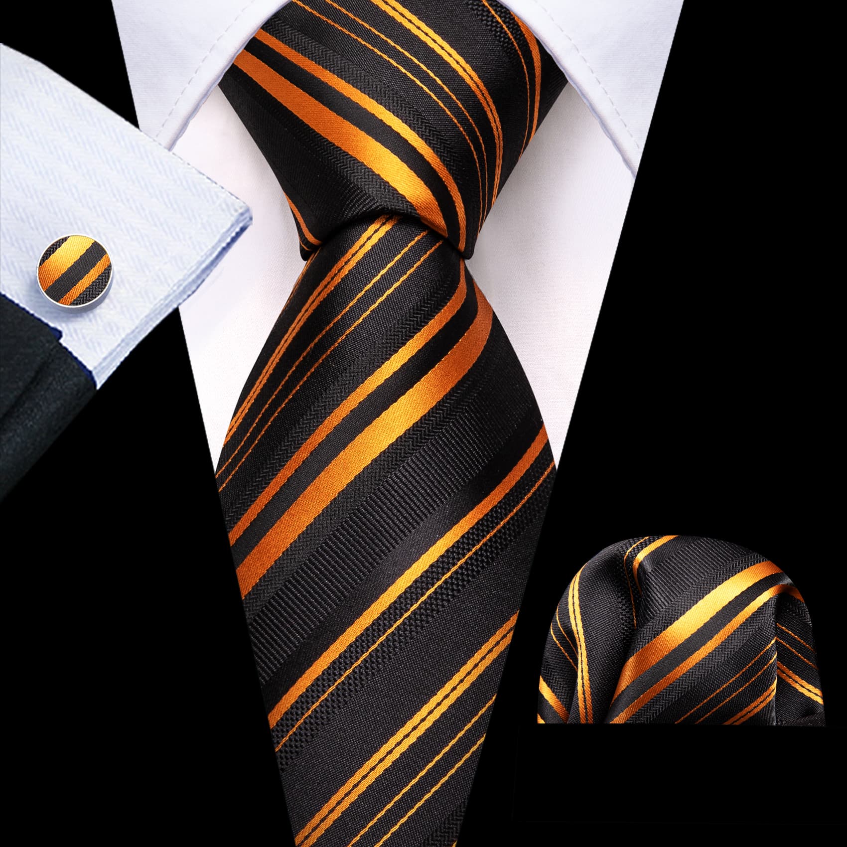 Men's Black Suit with Black Orange stripes tie hanky cufflinks set