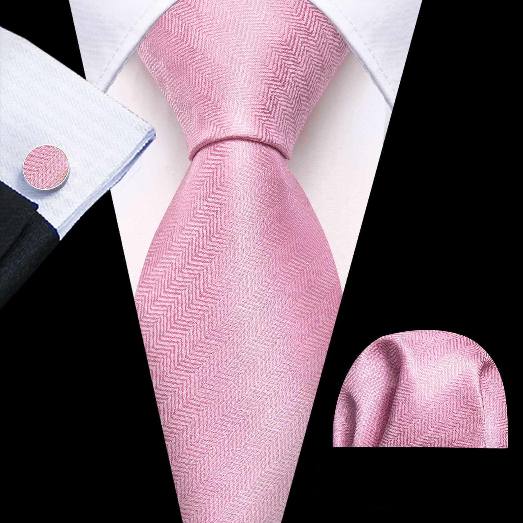 Men's Black Suit with Pink Novelty tie hanky cufflinks set