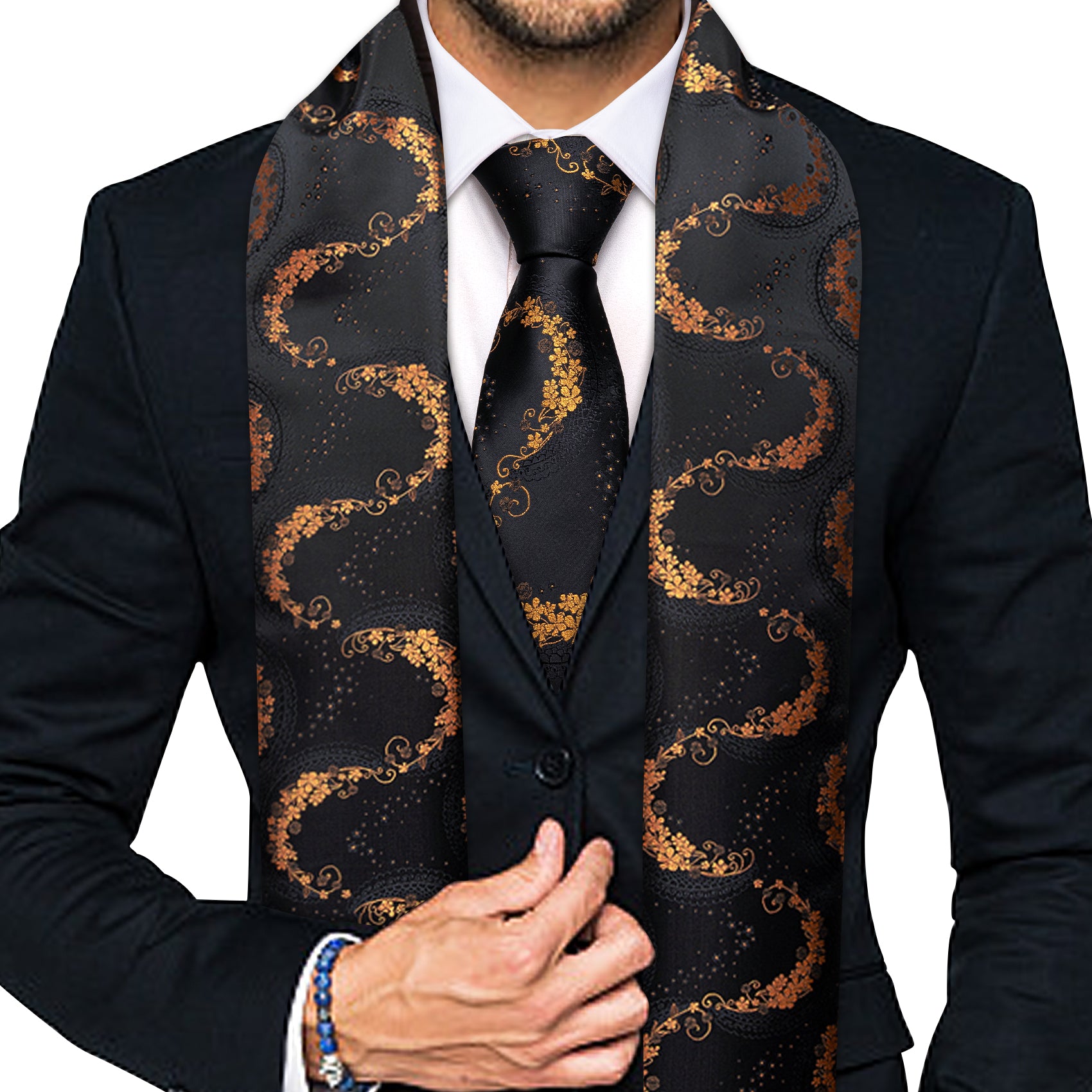 Barry Wang Mens Scarf Luxury Black Gold Silk Floral Scarf With Tie Set