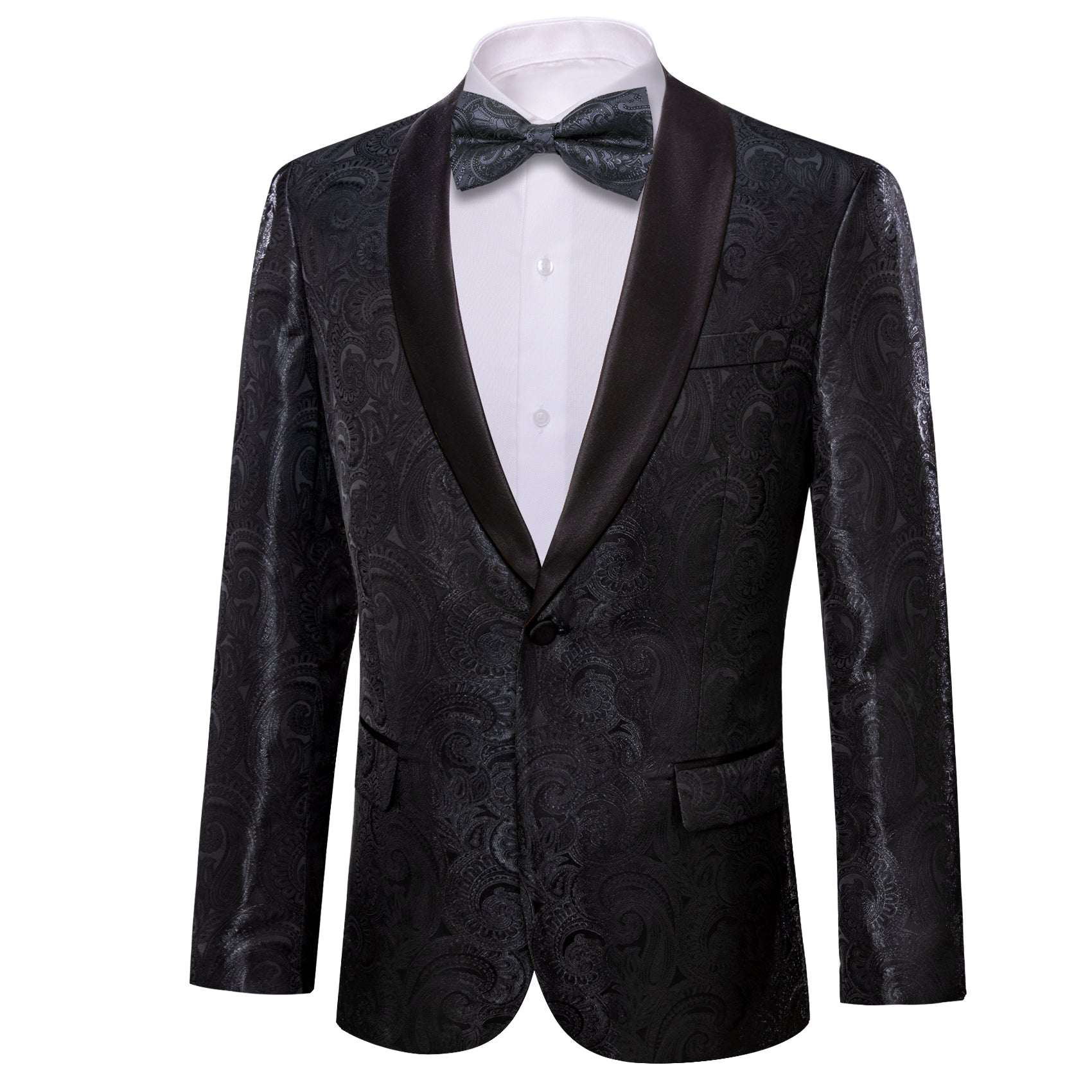 Barry Wang Wedding Suit Black Paisley Jacquard Blazer with Bowtie
