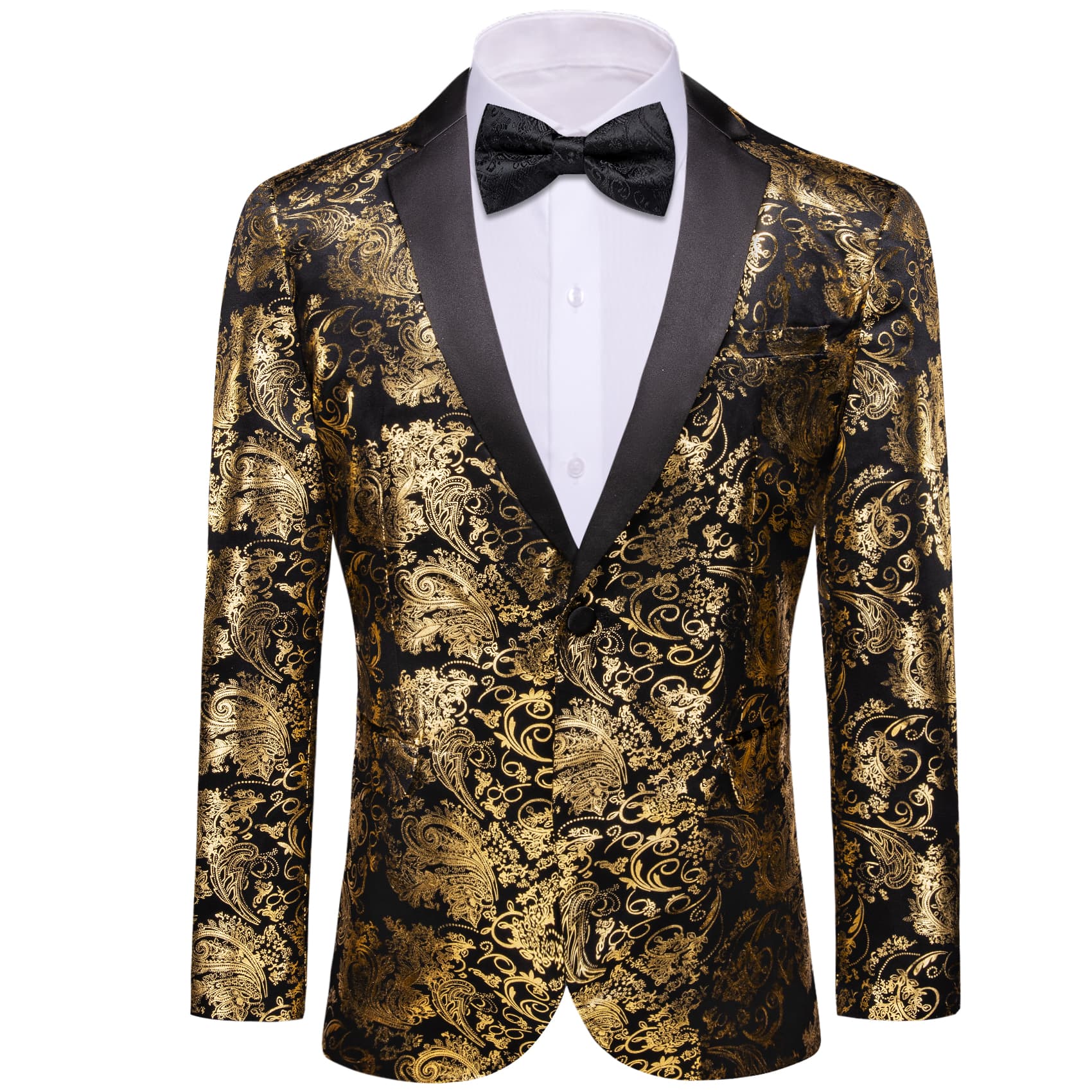 Men's Blazer Black Notched Lapel Gold Paisley Suit Top