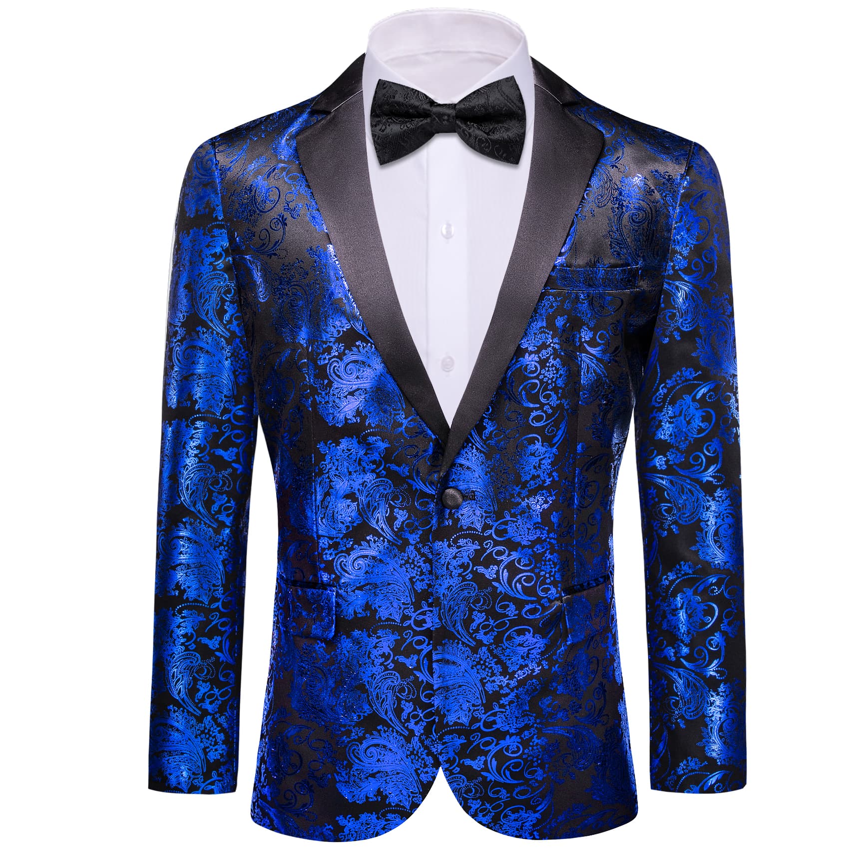 Men's Blue Blazer Black Notched Lapel Silk Wedding Suit Top