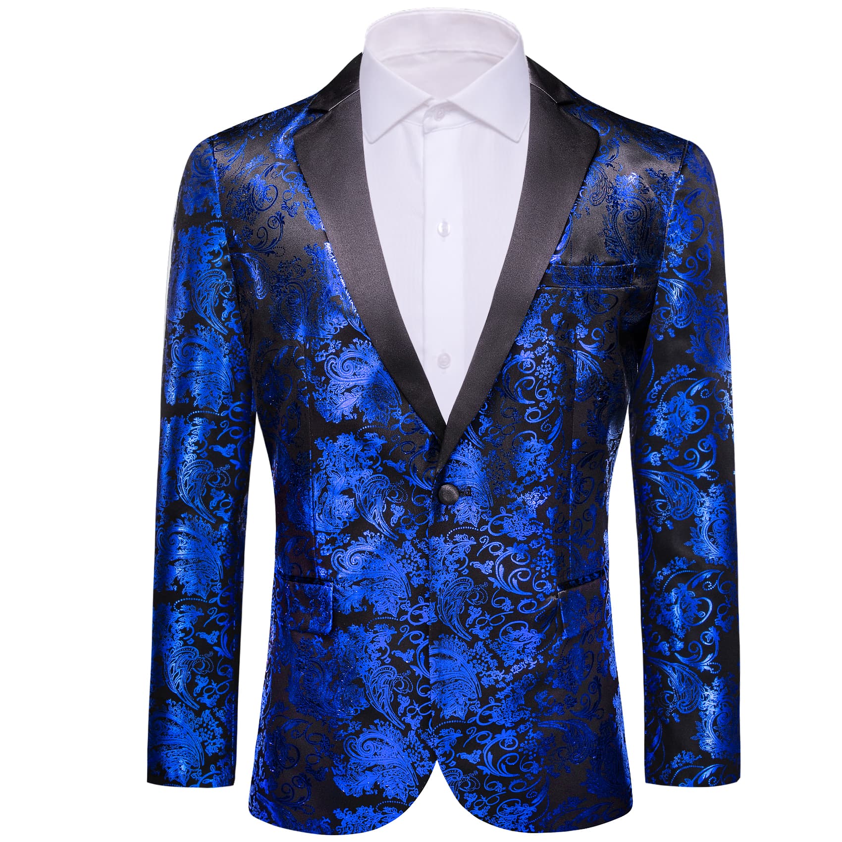 Men's Blue Blazer Black Notched Lapel Silk Wedding Suit Top