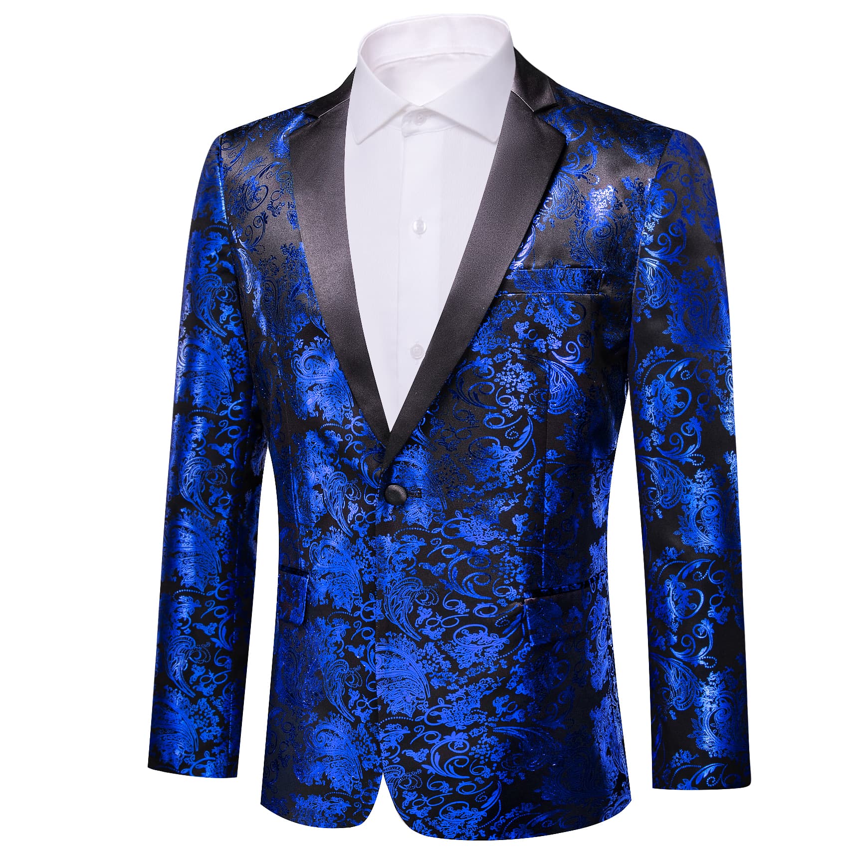 Men's Blue Blazer Black Notched Lapel Silk Wedding Suit Top