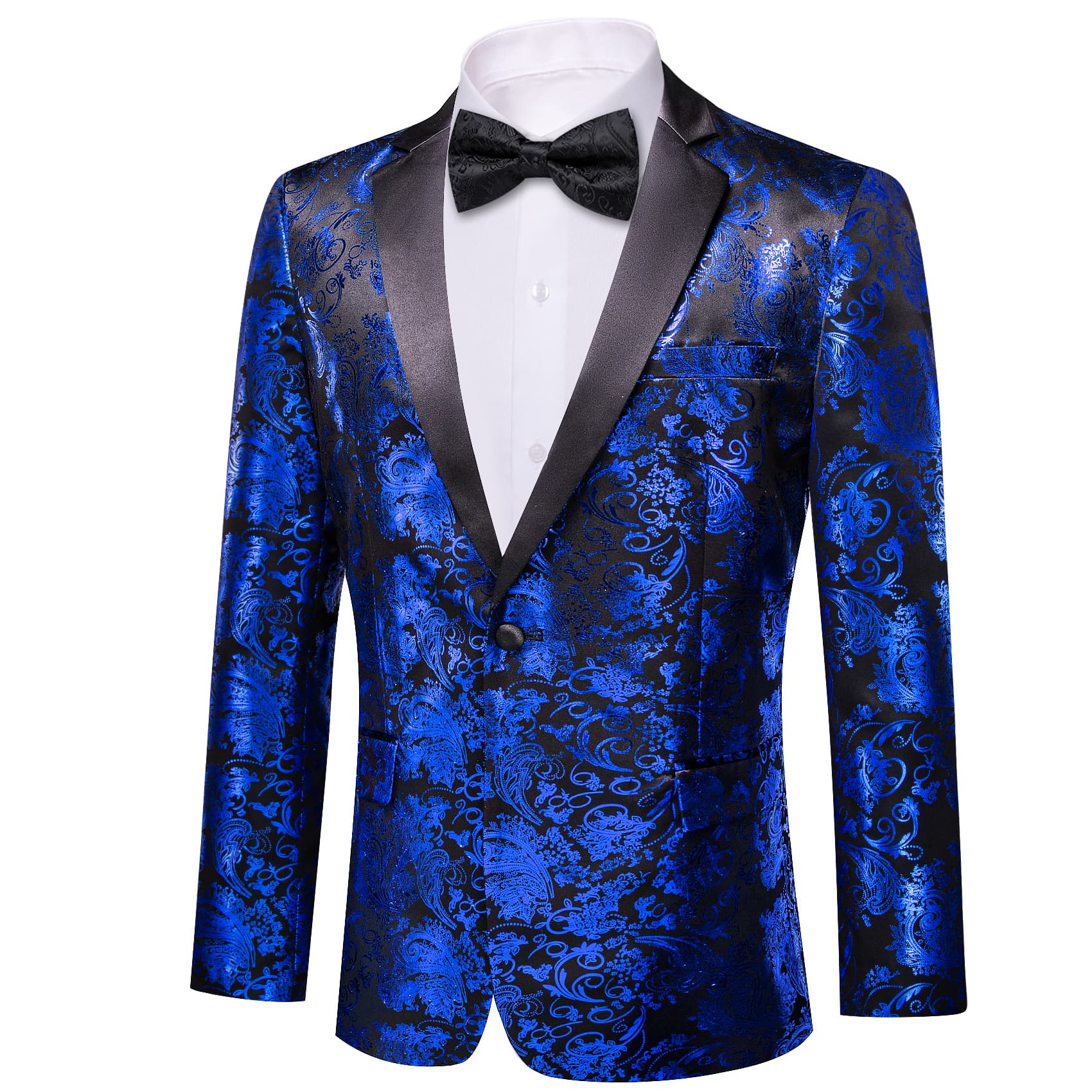 Men's Blue Blazer Black Notched Lapel Silk Wedding Suit Top