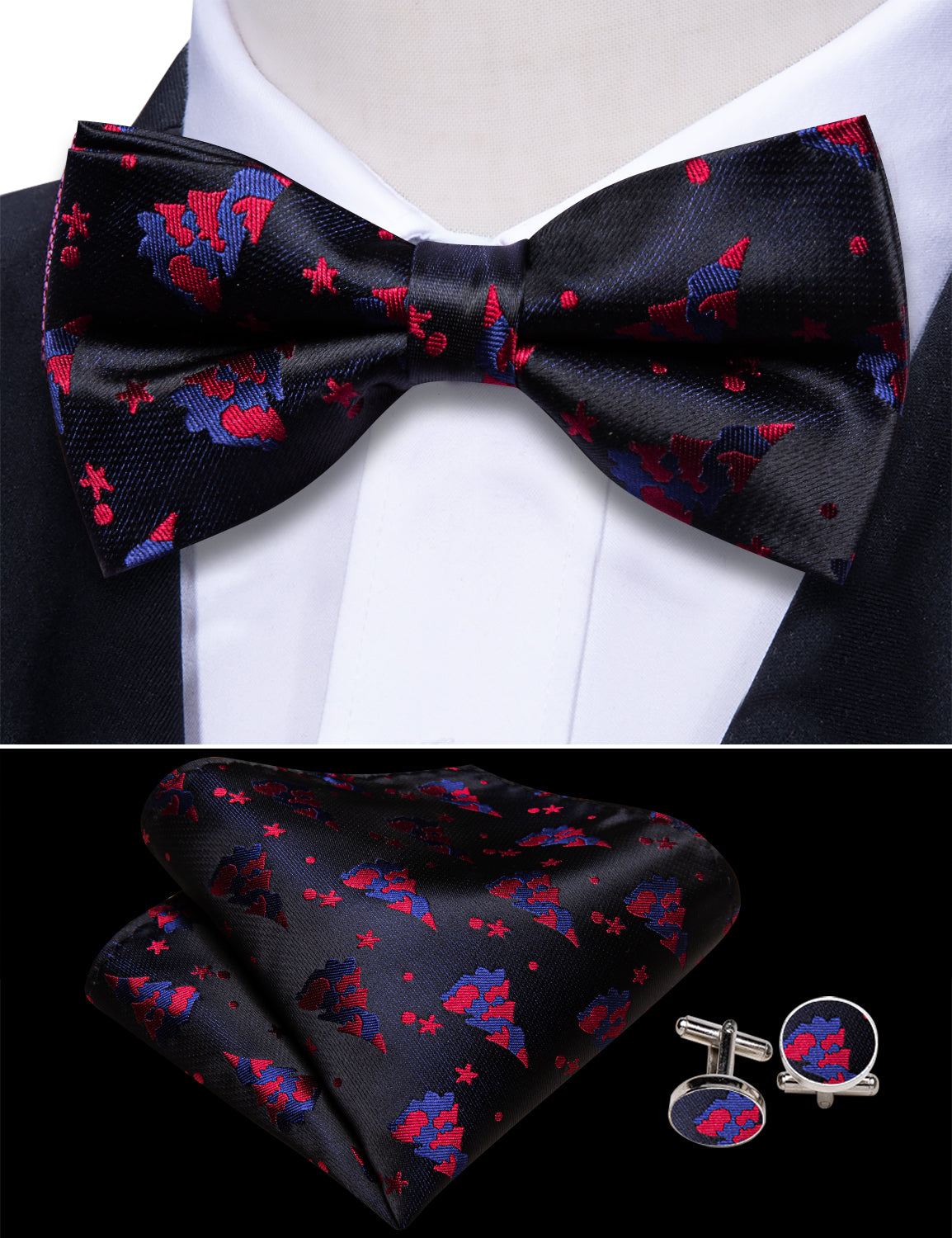 Barry Wang Christmas Blue Red Xmas Tree Cummerbund Bow tie Handkerchief Cufflinks Set