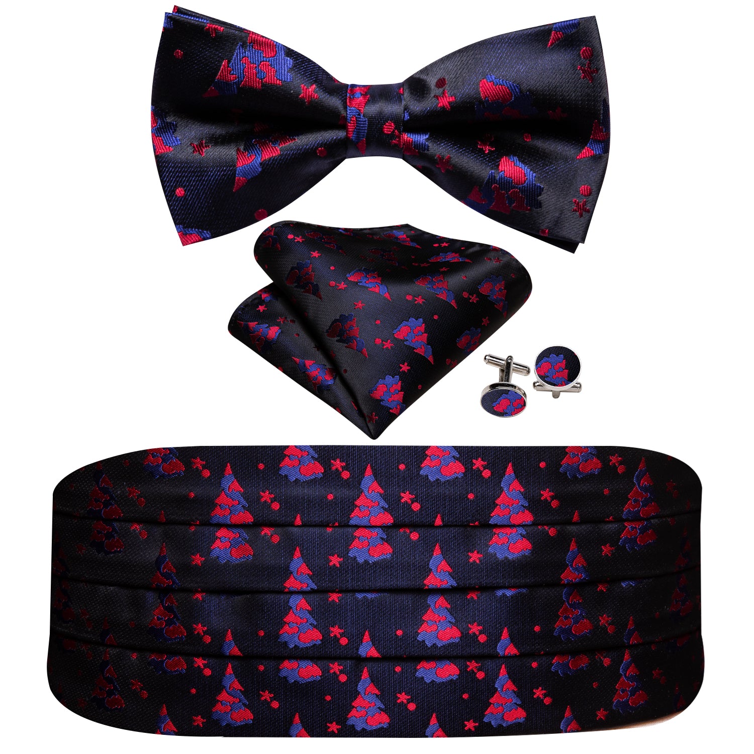 Barry Wang Christmas Blue Red Xmas Tree Cummerbund Bow tie Handkerchief Cufflinks Set