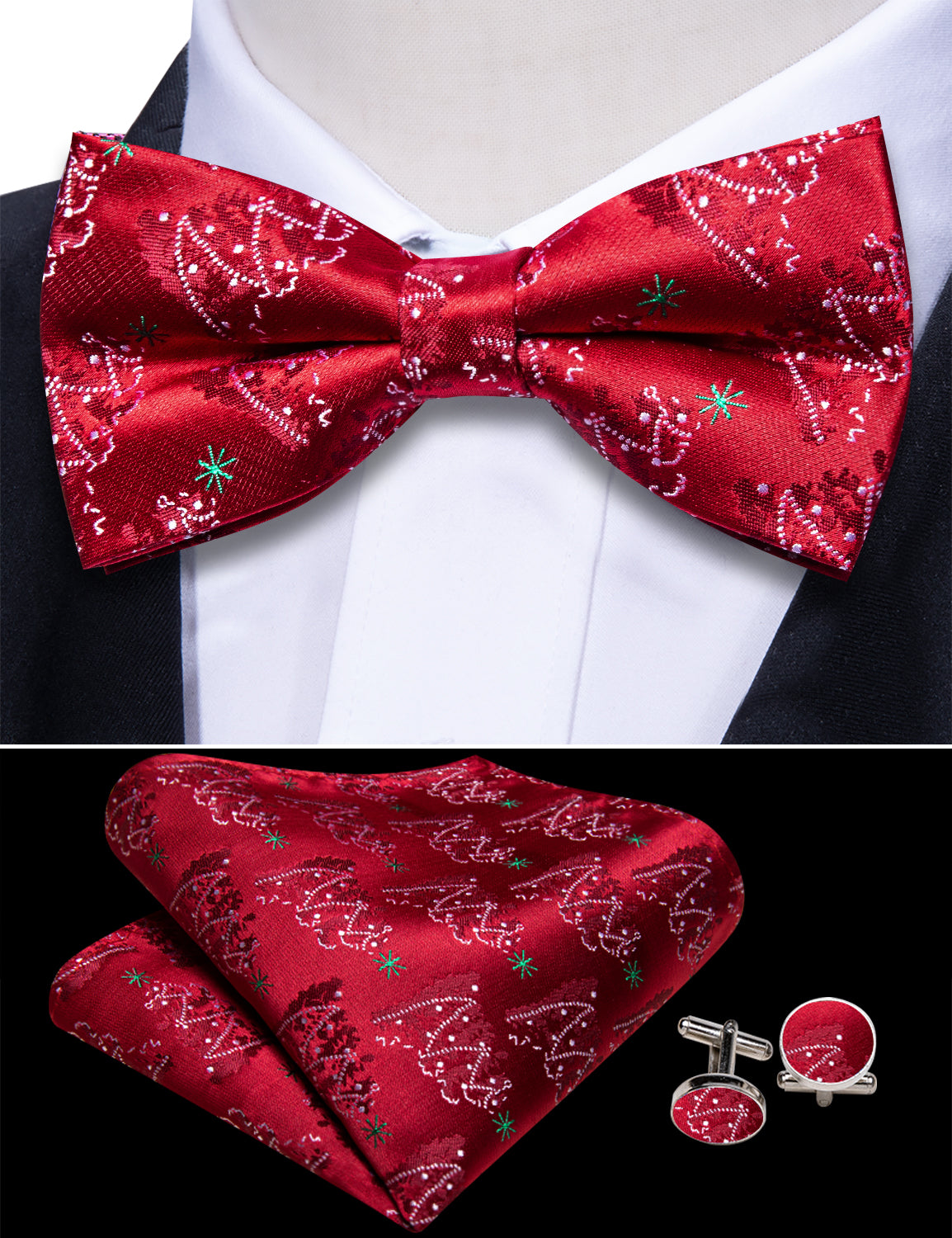 Barry Wang Christmas Red White Xmas Tree Cummerbund Bow tie Handkerchief Cufflinks Set