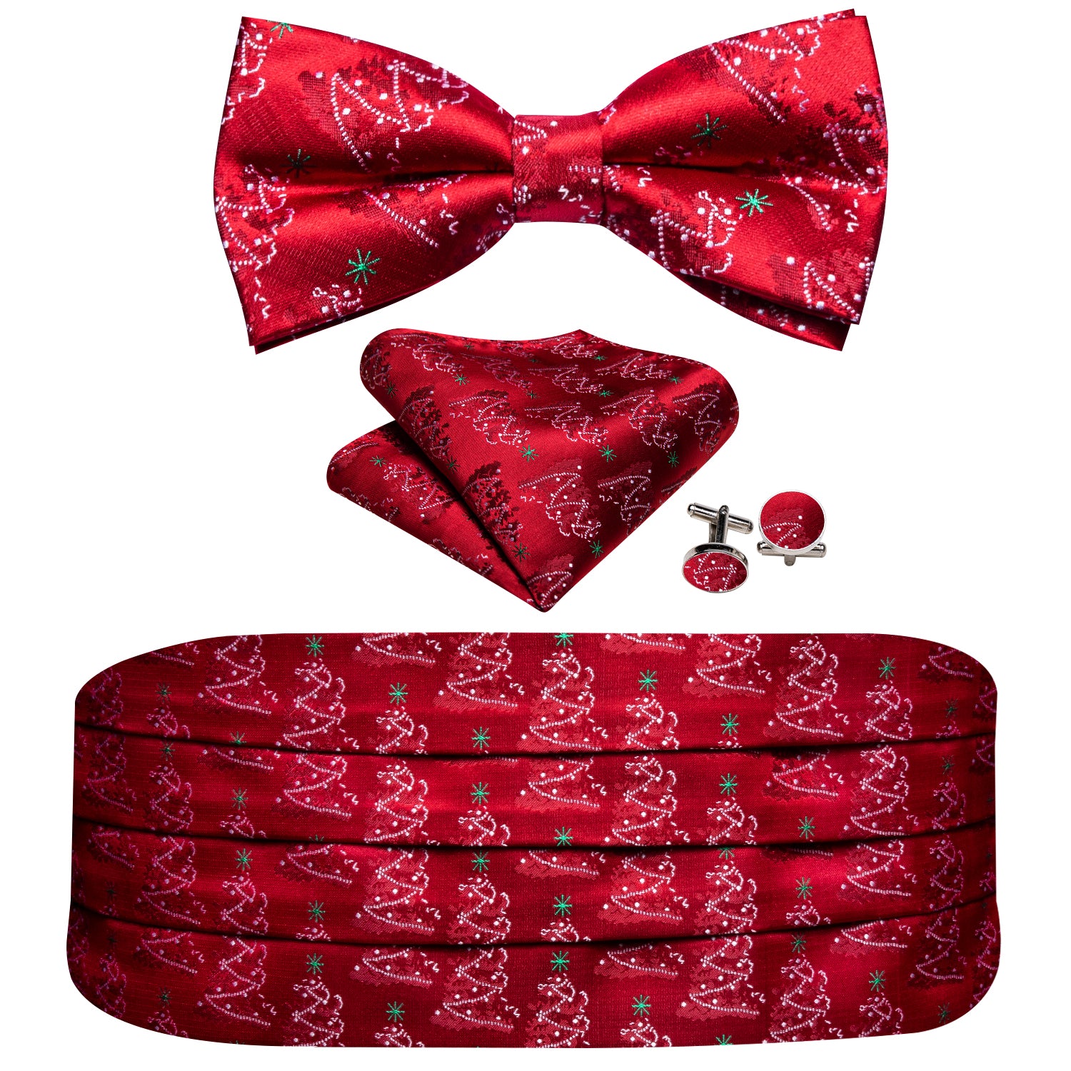 Barry Wang Christmas Red White Xmas Tree Cummerbund Bow tie Handkerchief Cufflinks Set