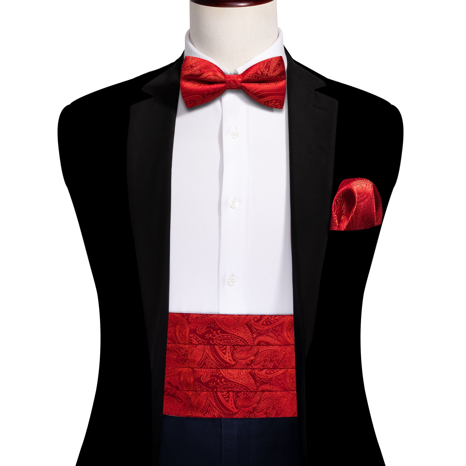 Barry Wang Strong Red Paisley Cummerbund Bow tie Handkerchief Cufflink