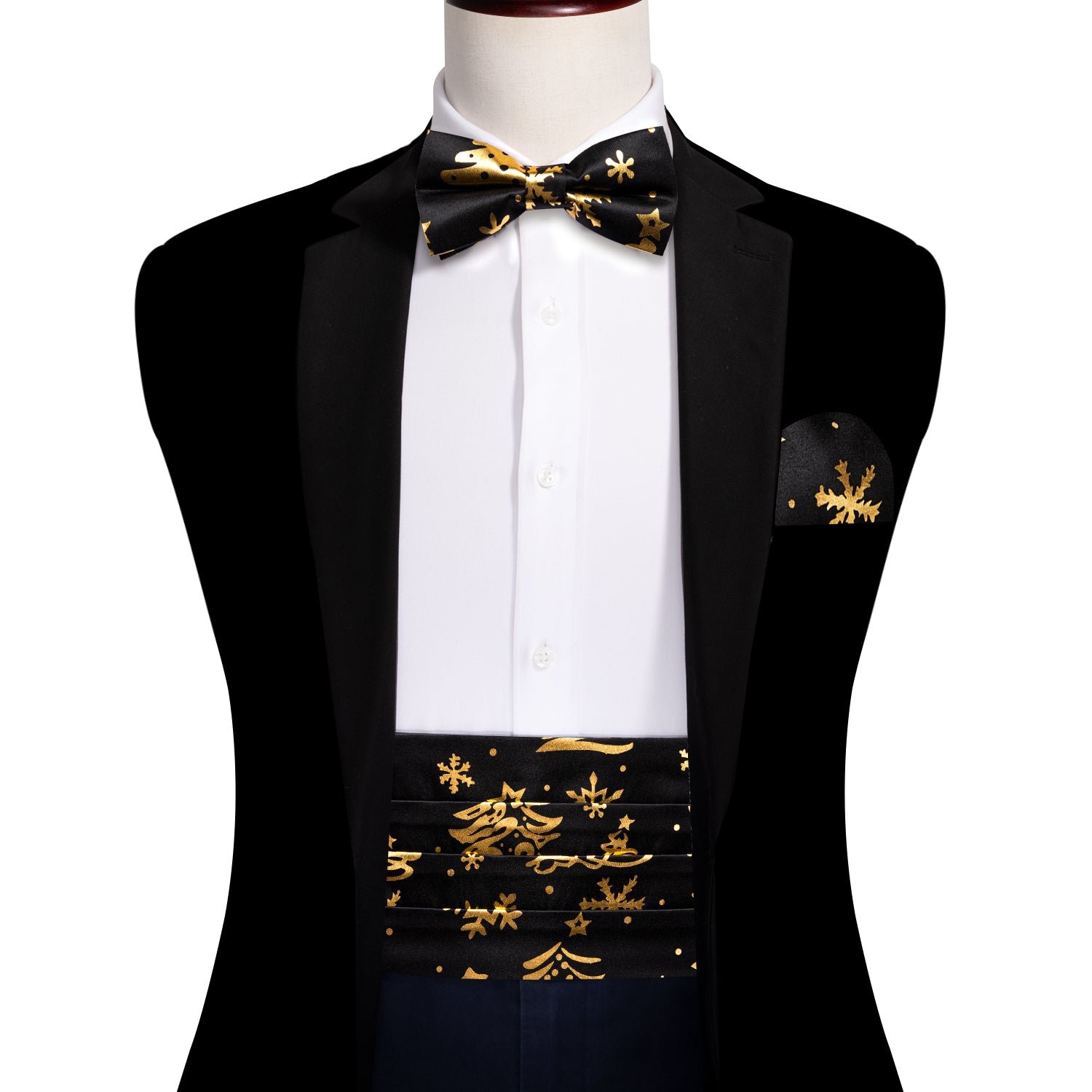 Christmas Black Gold Xmas Pattern Cummerbund Bow tie Handkerchief Cufflinks Set