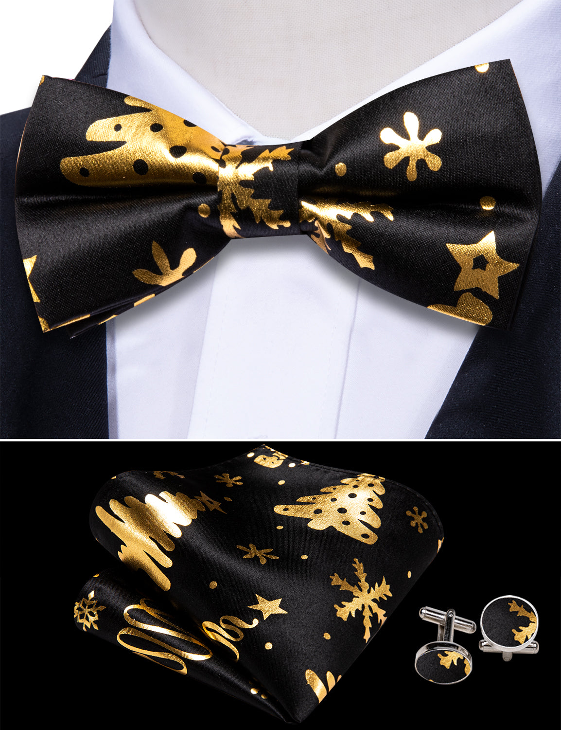 Christmas Black Gold Xmas Pattern Cummerbund Bow tie Handkerchief Cufflinks Set