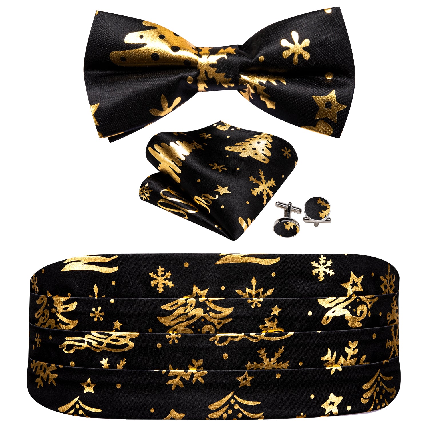 Christmas Black Gold Xmas Pattern Cummerbund Bow tie Handkerchief Cufflinks Set