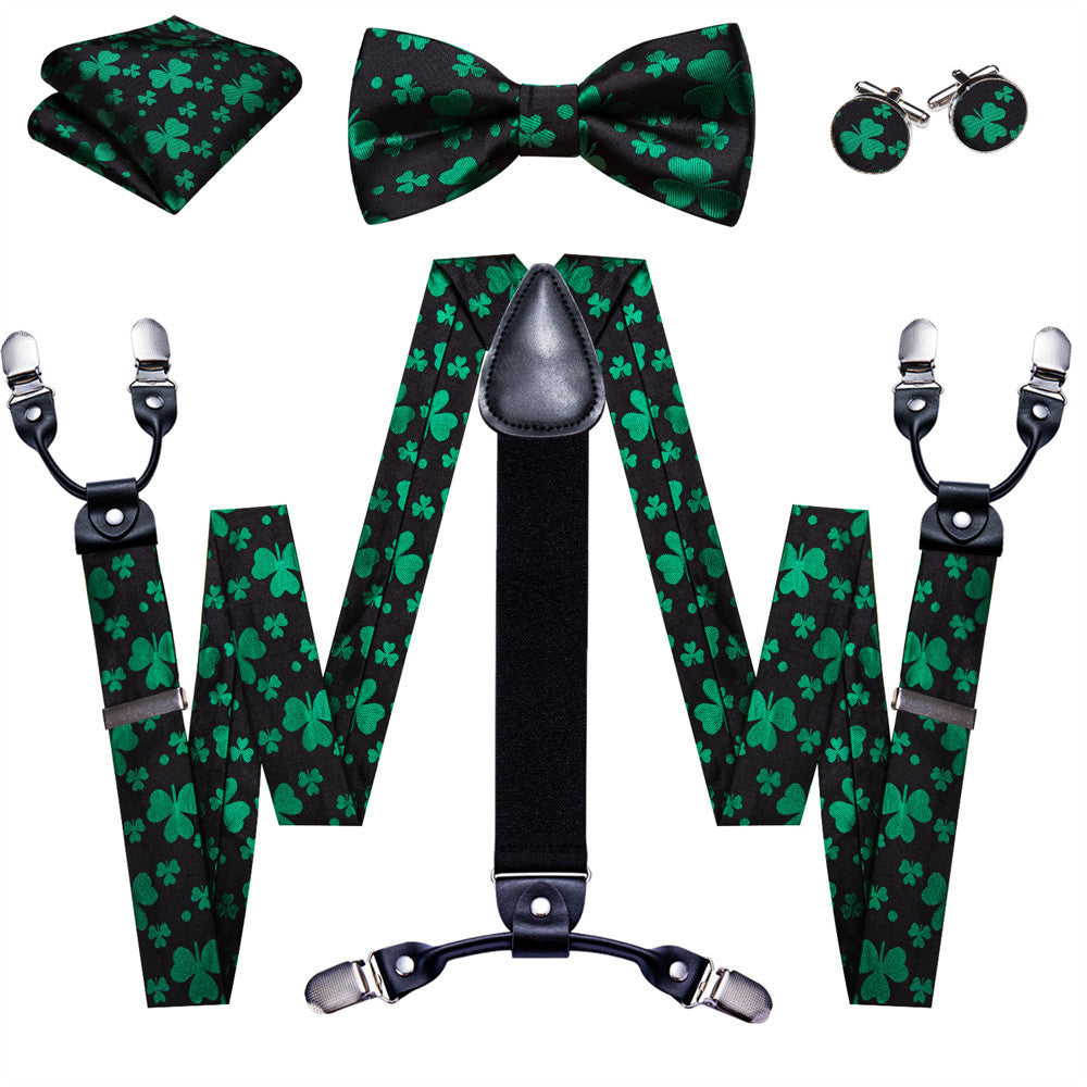 Barry Wang Black Green Clover Suspender Bowtie Set