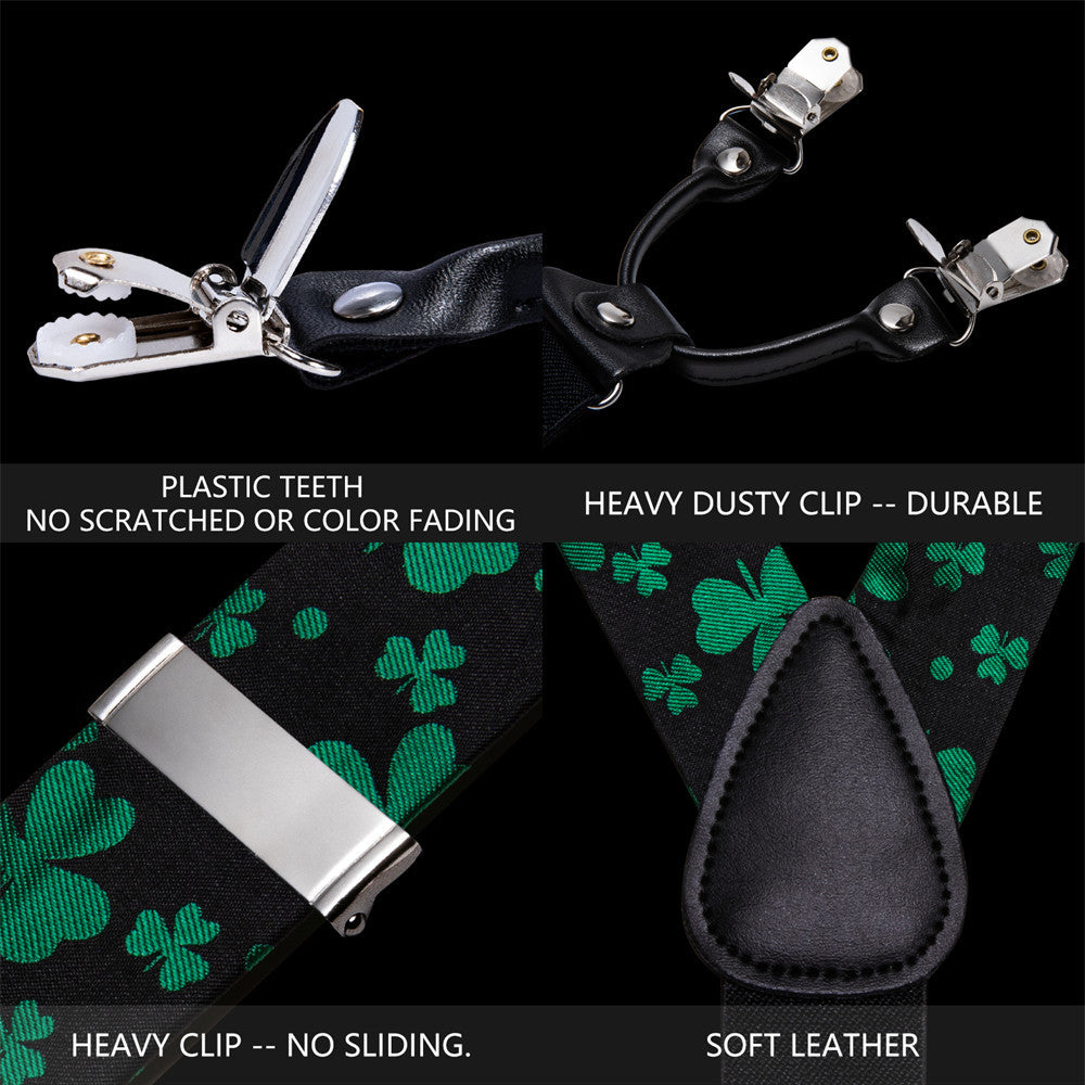 Barry Wang Black Green Clover Suspender Bowtie Set