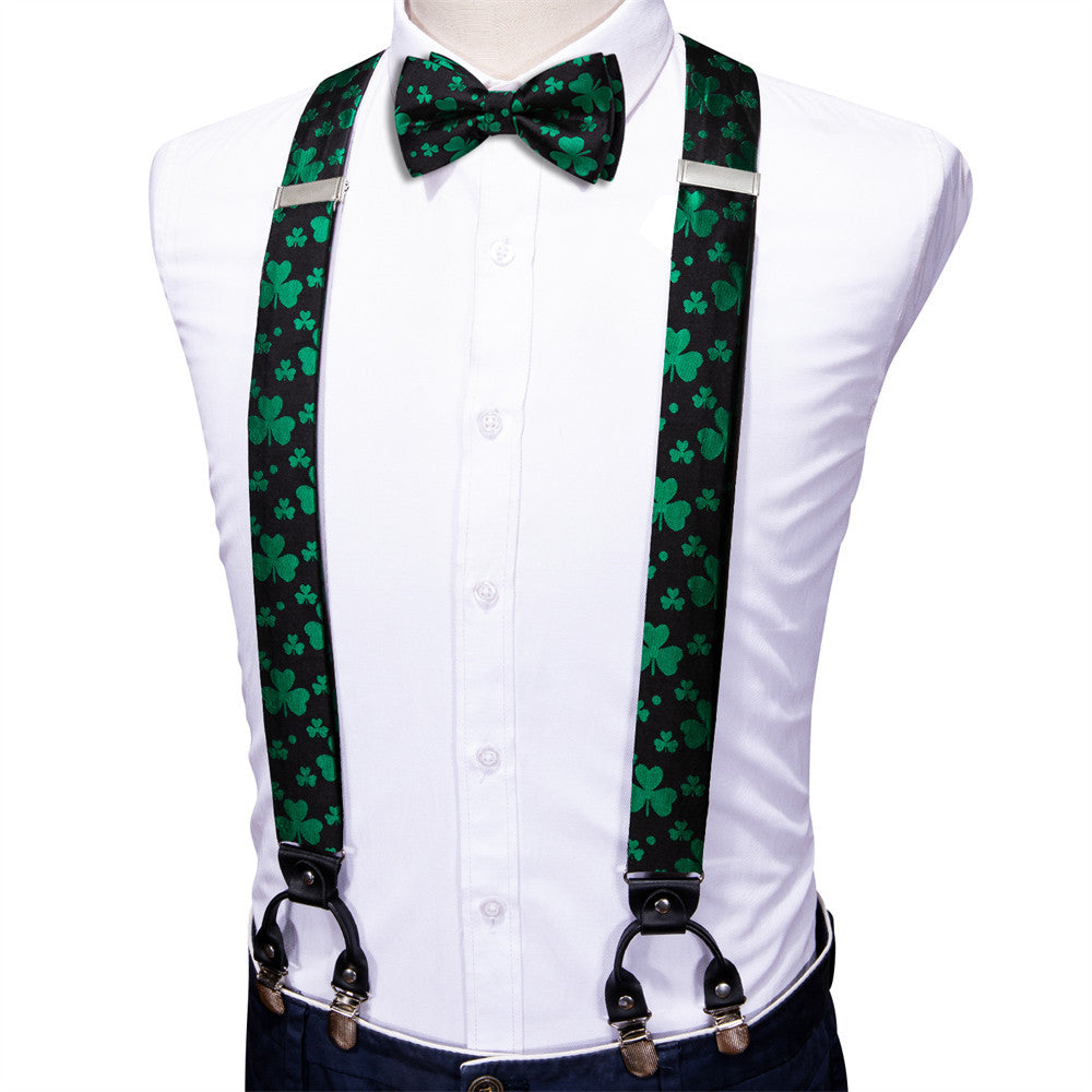 Barry Wang Black Green Clover Suspender Bowtie Set