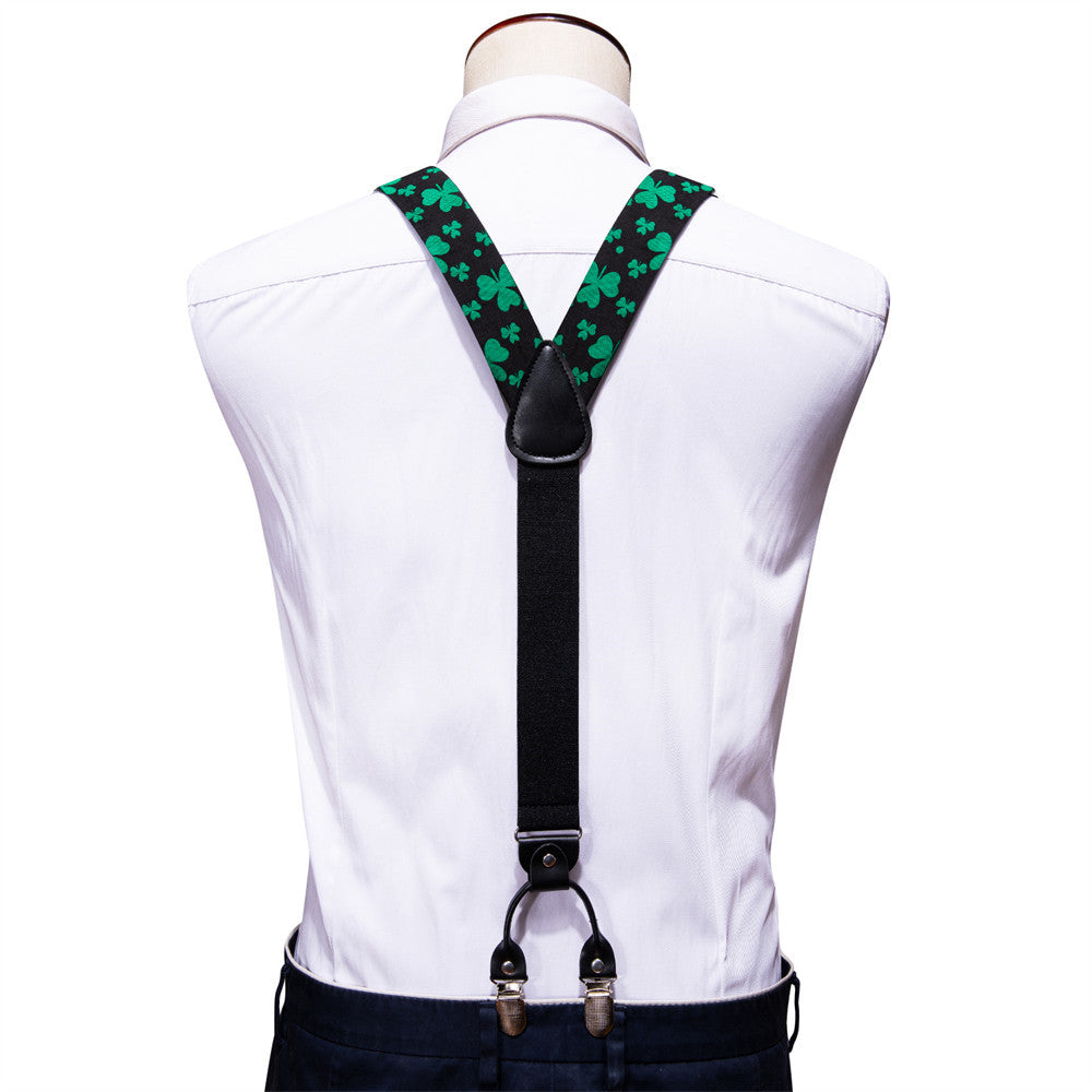 Barry Wang Black Green Clover Suspender Bowtie Set