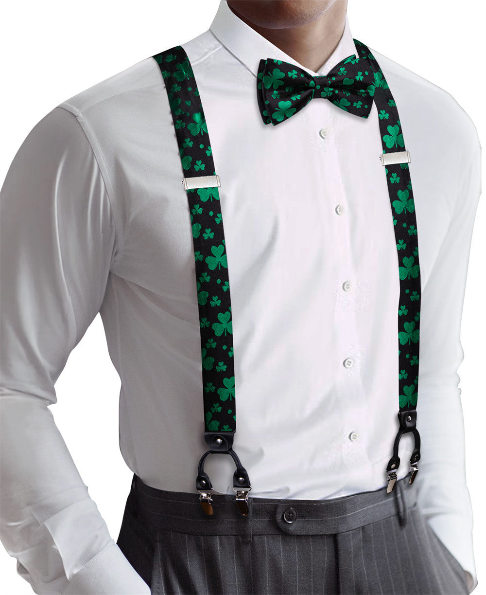 Barry Wang Black Green Clover Suspender Bowtie Set