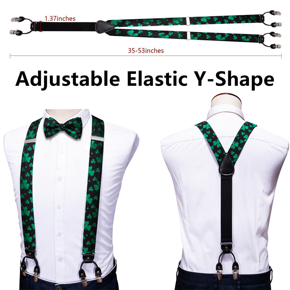 Barry Wang Black Green Clover Suspender Bowtie Set