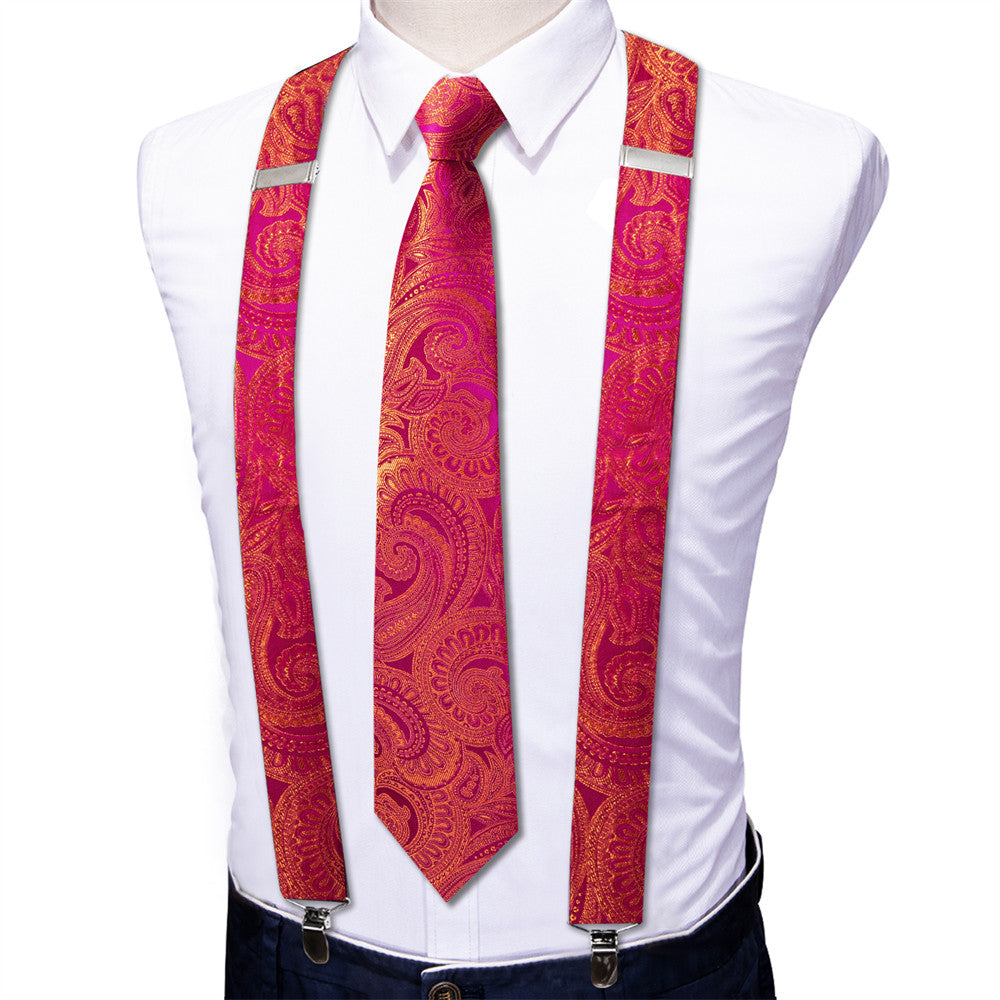 Barry Wang Orange Pink Floral Tie Y Back Adjustable Suspenders Tie Set