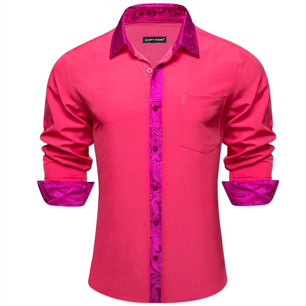 Barry Wang Dark Pink Solid Patchwork Long Sleeve Dress Shirt