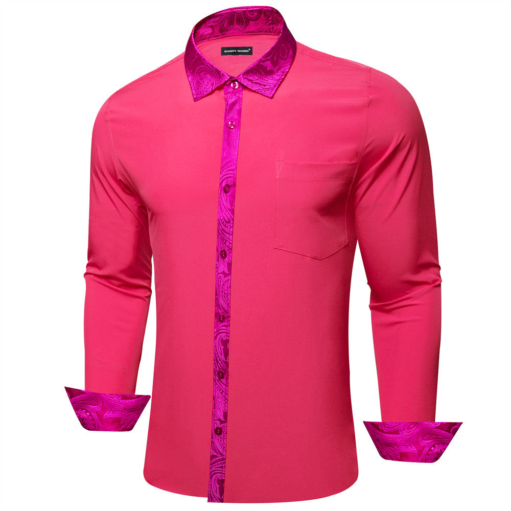 Barry Wang Dark Pink Solid Patchwork Long Sleeve Dress Shirt