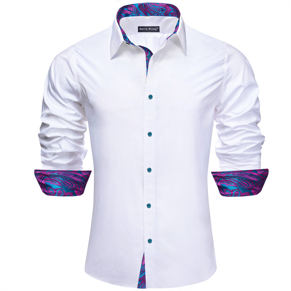 Barry Wang White Purple Patchwork Long Sleeve Button Down Dress Shirt