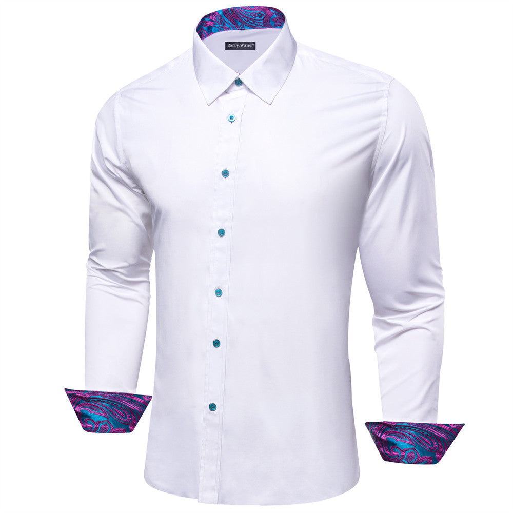 Barry Wang White Purple Patchwork Long Sleeve Button Down Dress Shirt