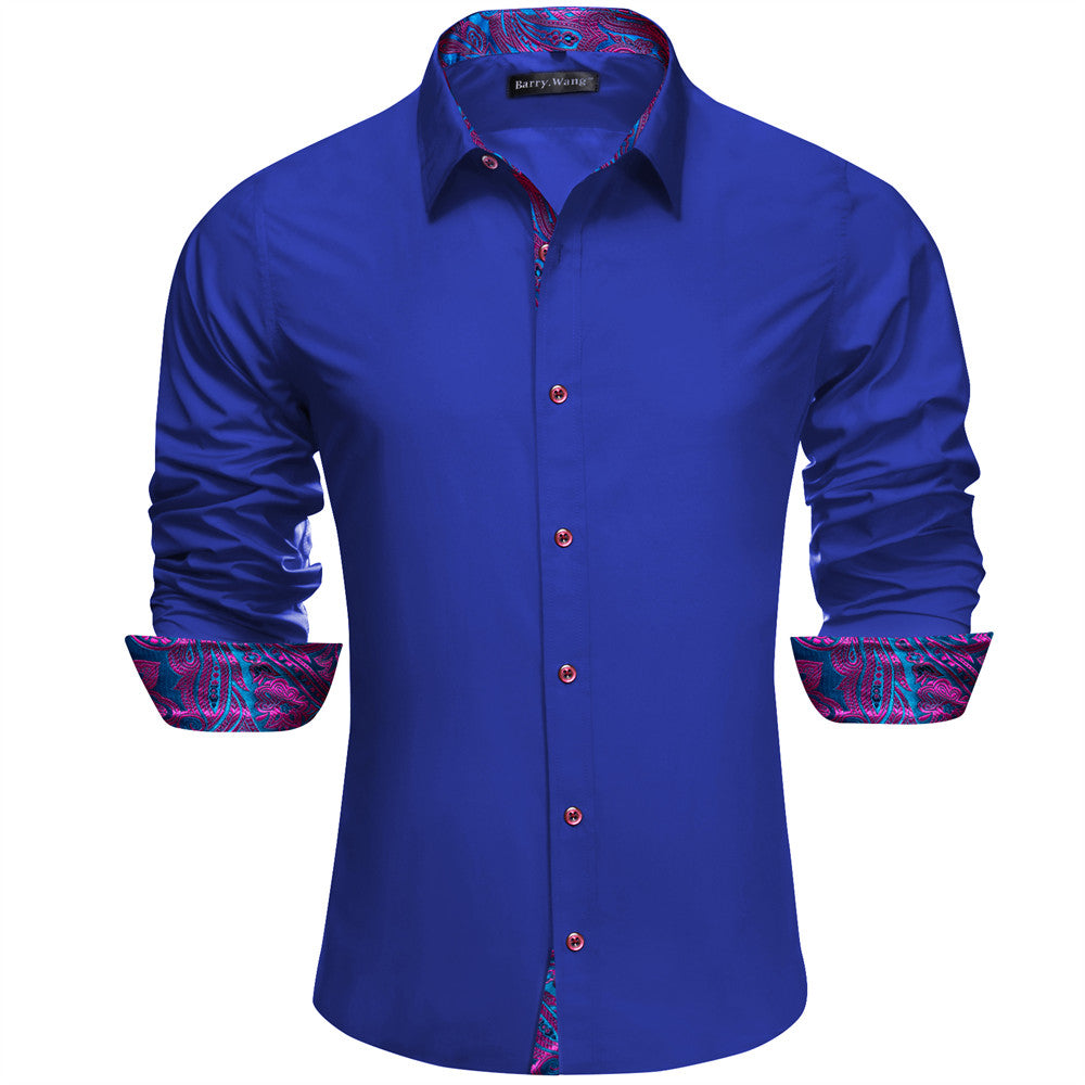 Barry Wang Blue Patchwork Long Sleeve Button Down Dress Shirt