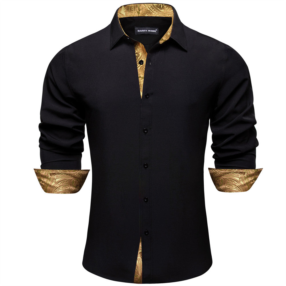 Barry Wang Black Gold Patchwork Long Sleeve Button Down Dress Shirt