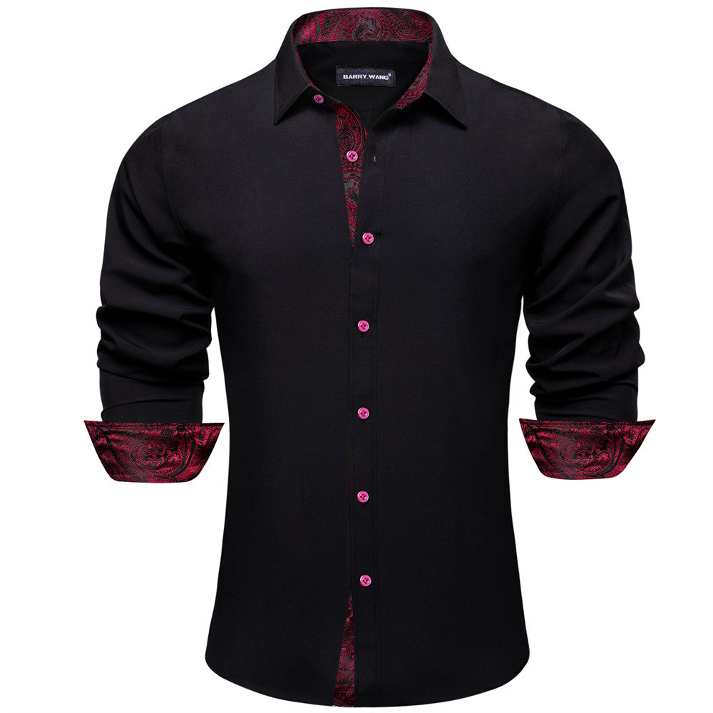 Barry Wang Black Red Patchwork Long Sleeve Button Down Dress Shirt