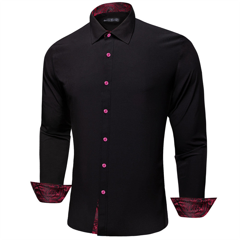 Barry Wang Black Red Patchwork Long Sleeve Button Down Dress Shirt