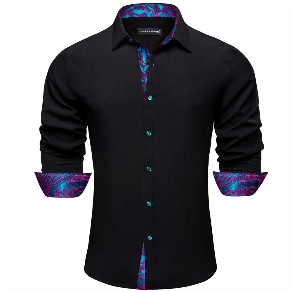 Barry Wang Black Blue Patchwork Long Sleeve Button Down Dress Shirt