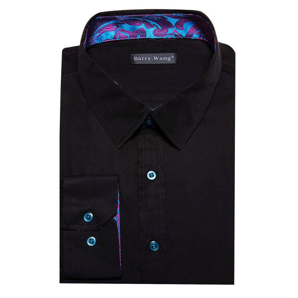 Barry Wang Black Blue Patchwork Long Sleeve Button Down Dress Shirt