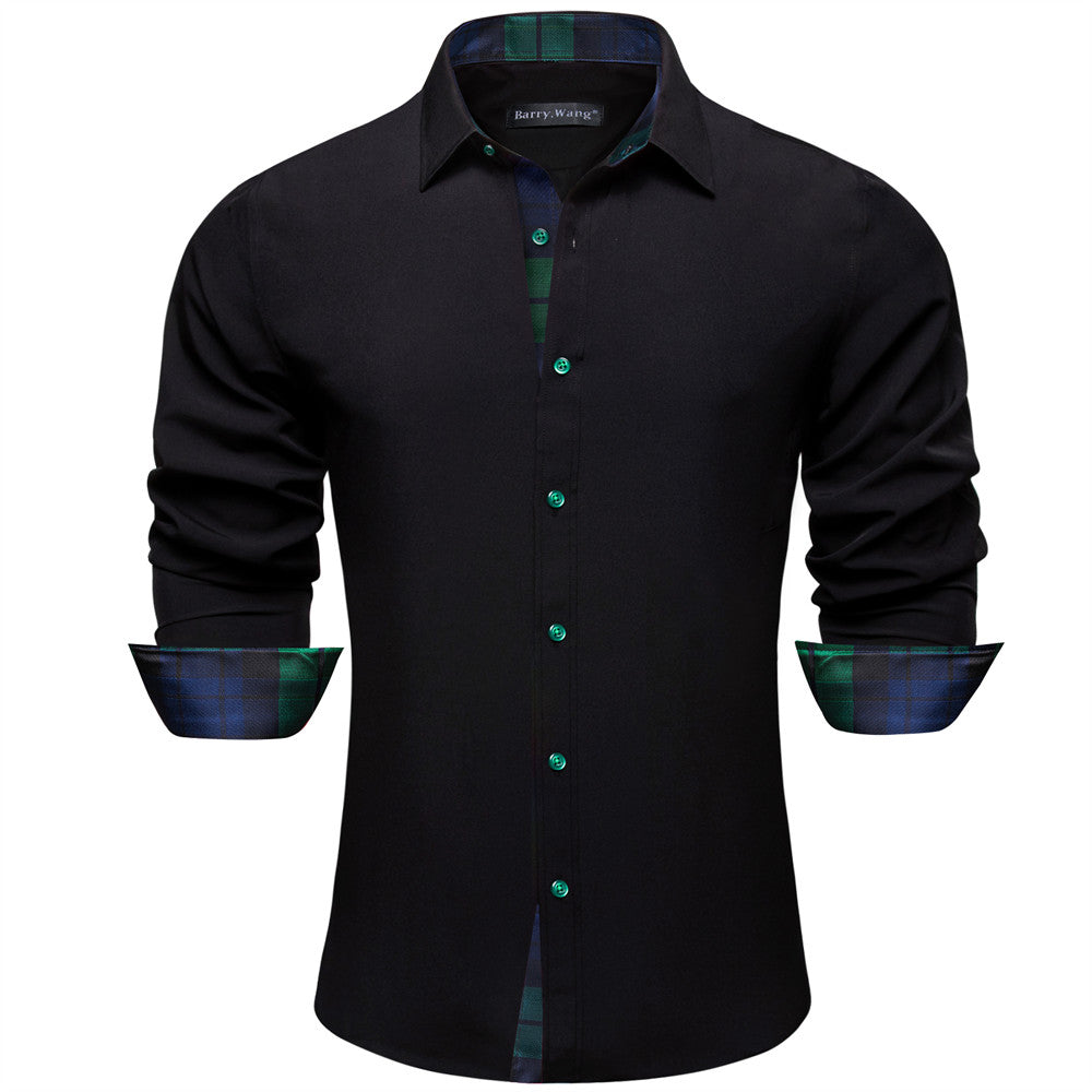 Barry Wang Black Green Patchwork Shirt Button Up Long Sleeve Collared Shirt