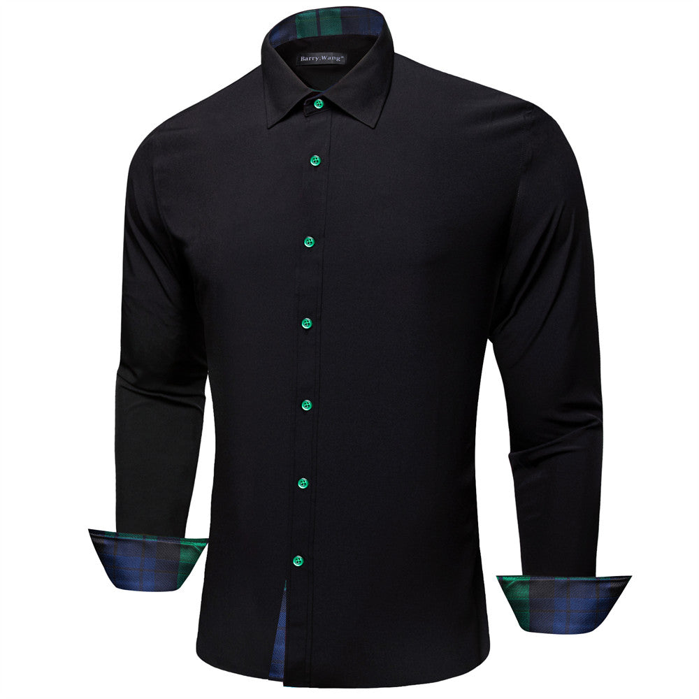 Barry Wang Black Green Patchwork Shirt Button Up Long Sleeve Collared Shirt