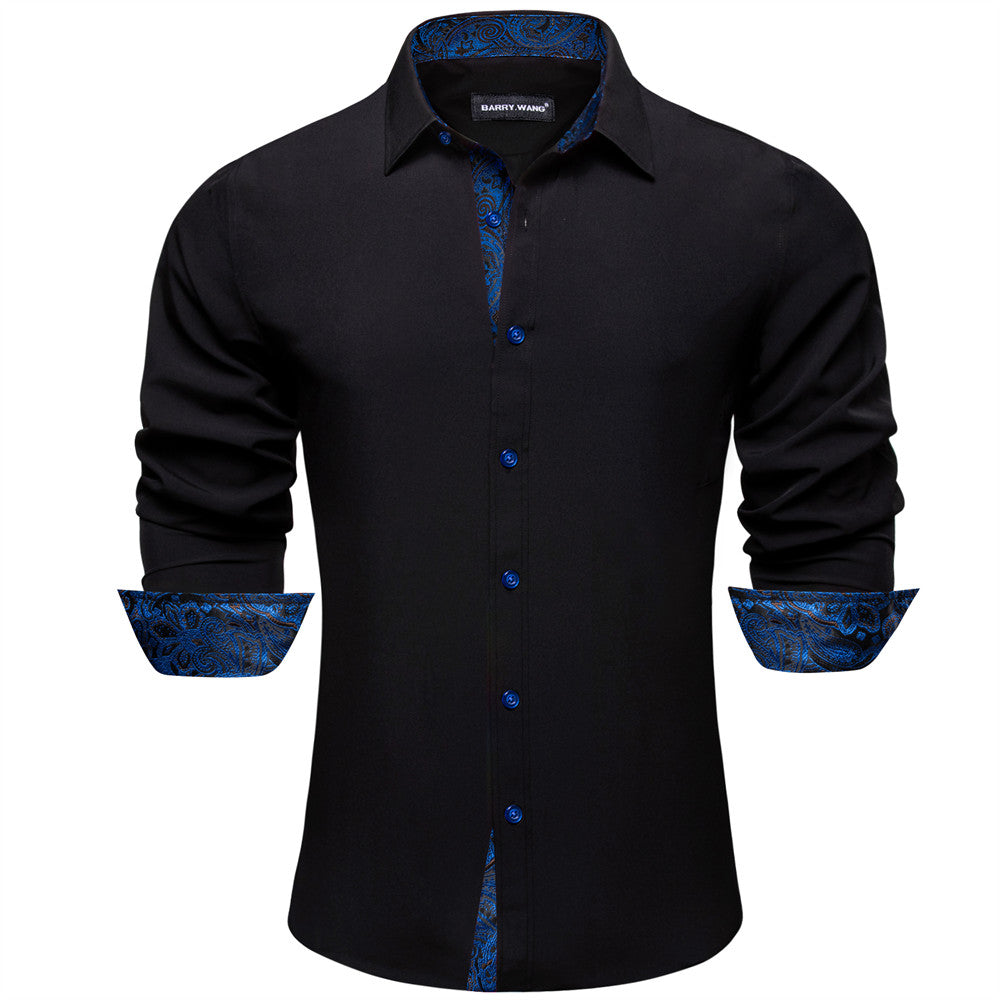 Barry Wang Black Blue Patchwork Shirt Button Up Long Sleeve Collared Shirt