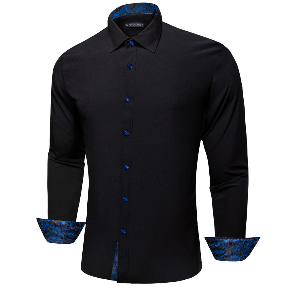 Barry Wang Black Blue Patchwork Shirt Button Up Long Sleeve Collared Shirt