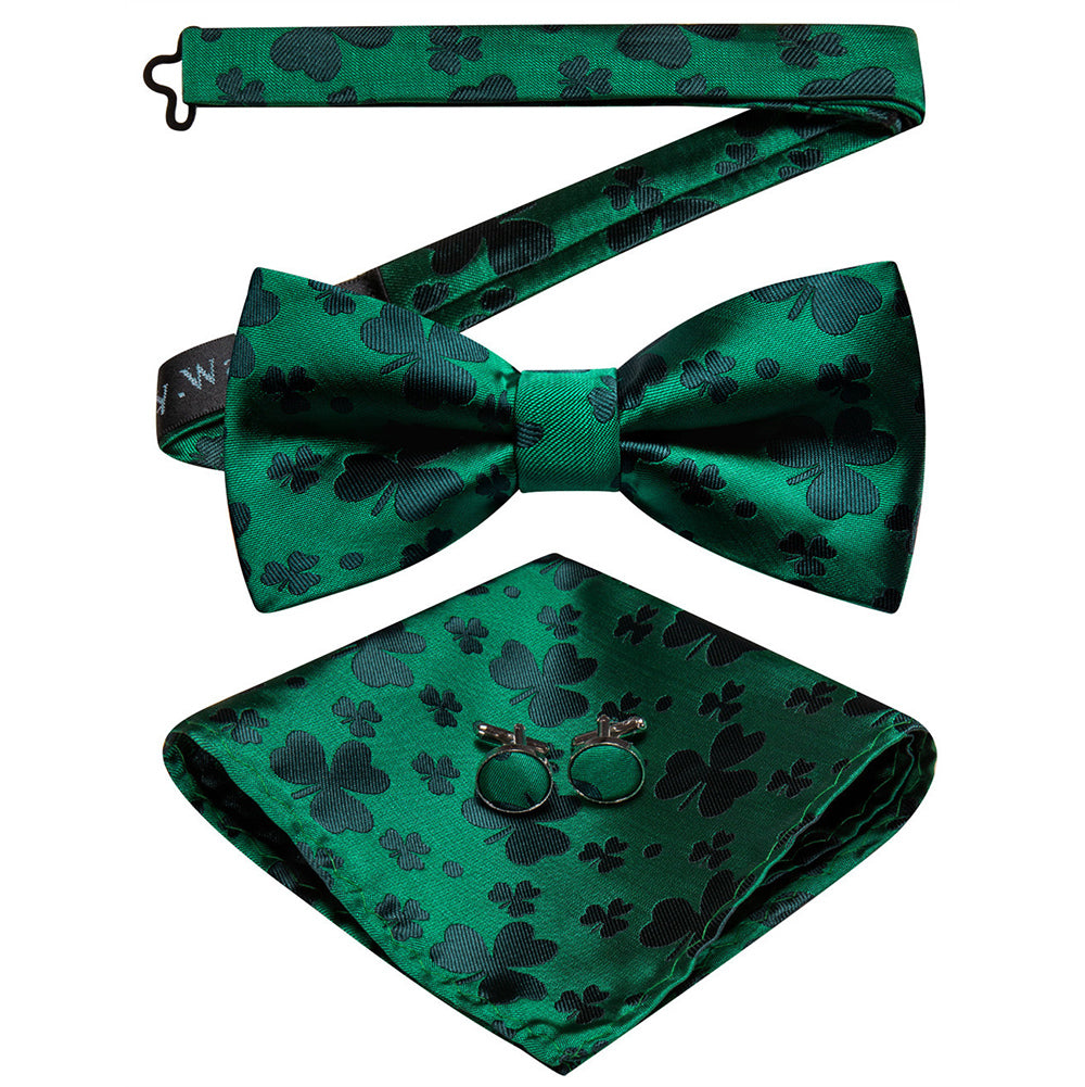 Barry Wang Green Clover Silk Pre-Tied Men's Bow Tie Hanky Cufflinks Set