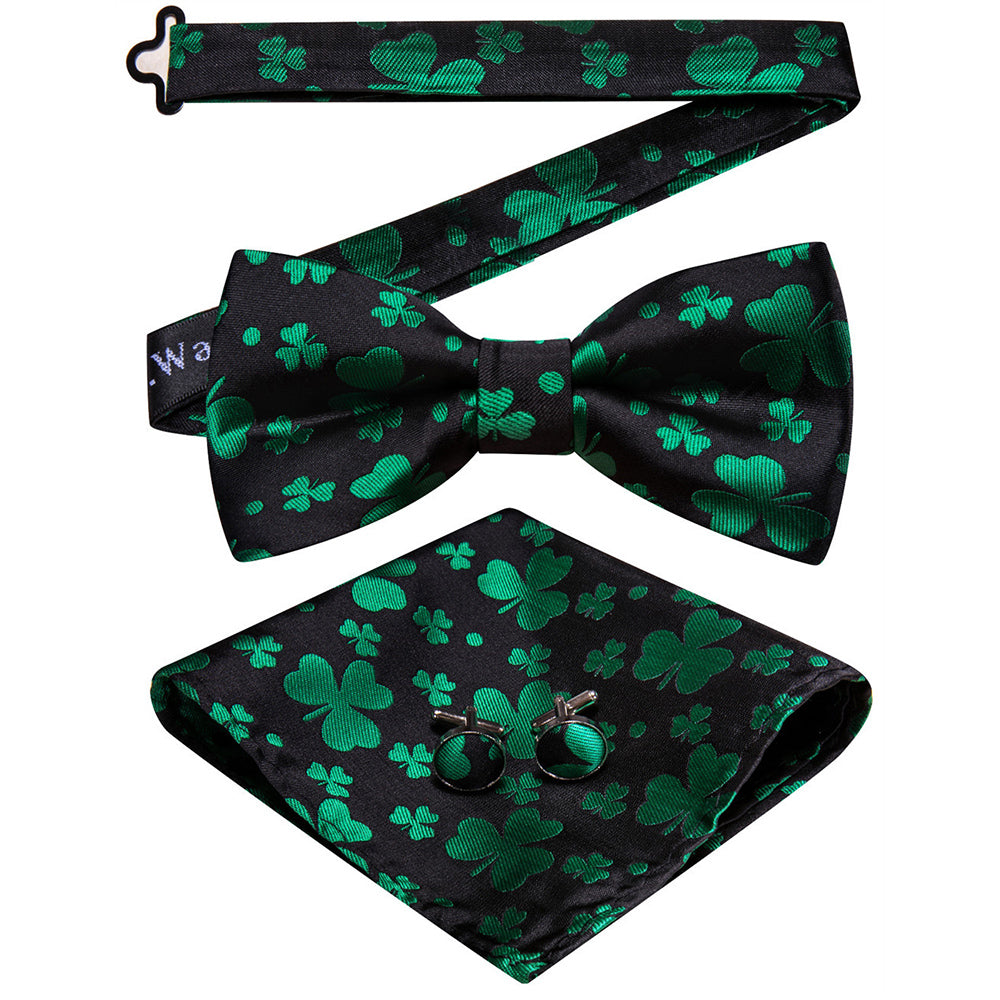 Barry Wang Black Green Clover Silk Pre-Tied Men's Bow Tie Hanky Cufflinks Set