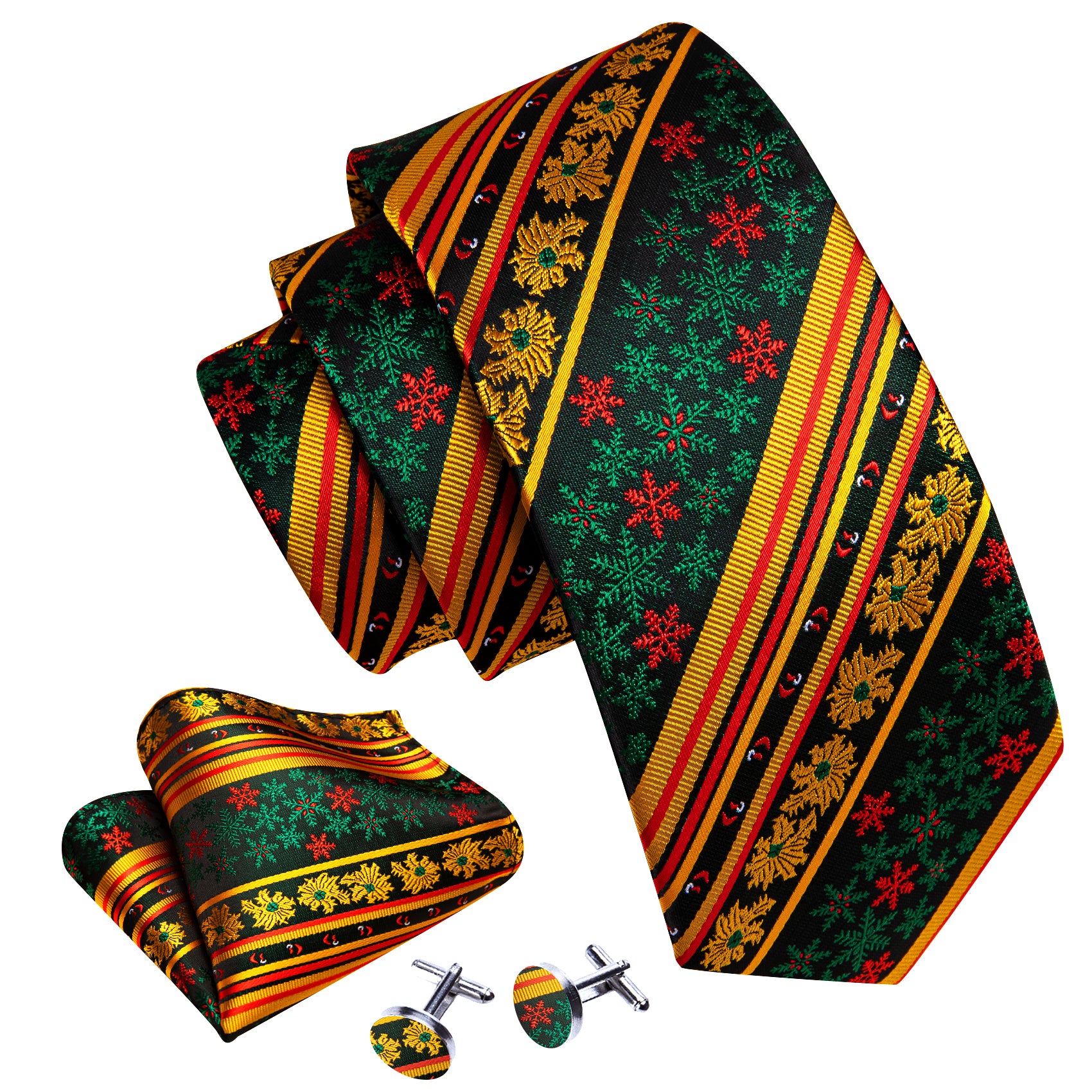 Barry Wang Green Gold Snowflake Stripes Mens Christmas Tie Set