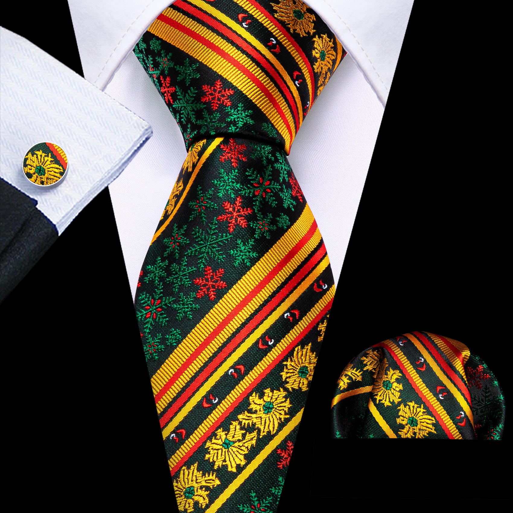 Barry Wang Green Gold Snowflake Stripes Mens Christmas Tie Set