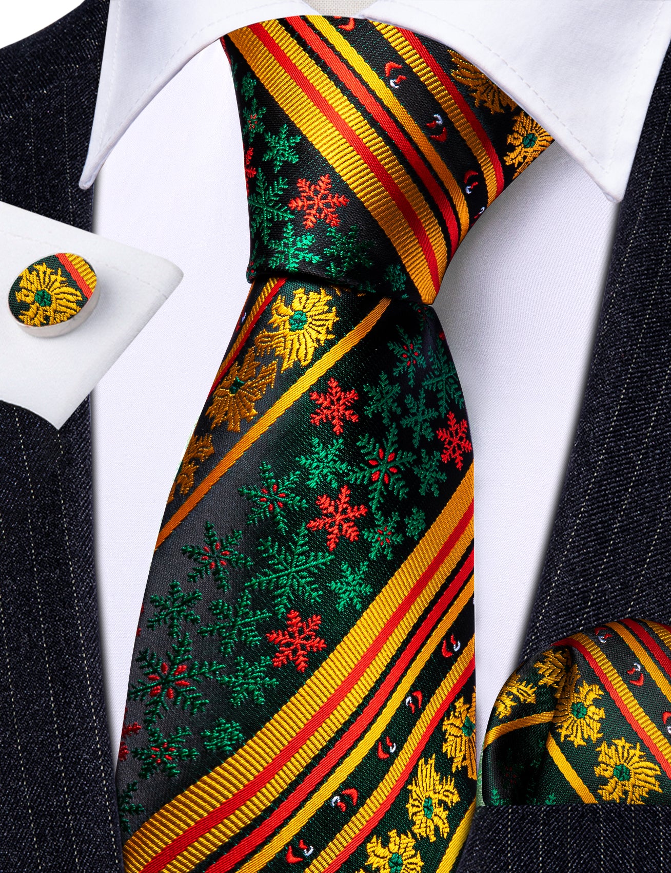 Barry Wang Green Gold Snowflake Stripes Mens Christmas Tie Set