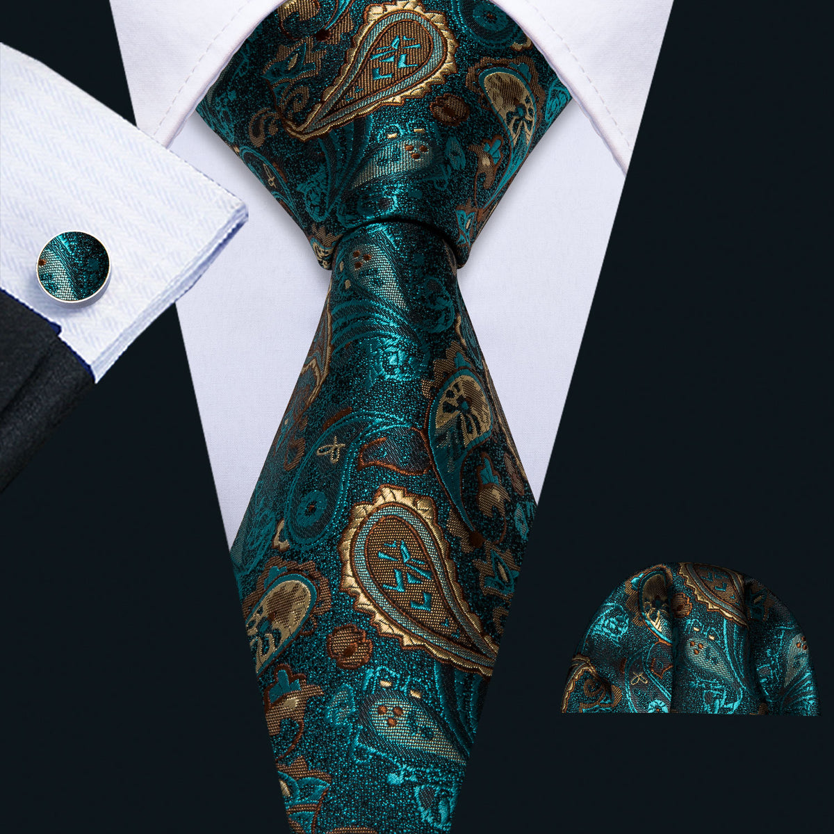 Barry Wang Green Brown Paisley Tie Hanky Cufflinks Set