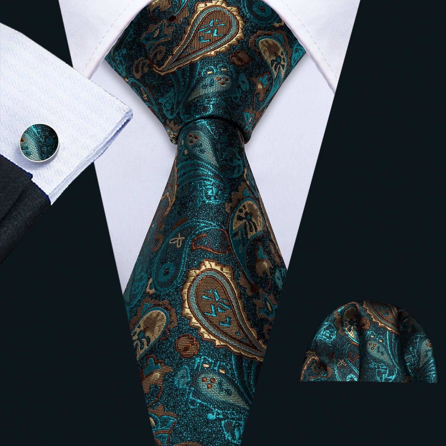 Barry Wang Green Brown Paisley Necktie Alloy Lapel Pin Brooch Pocket Square Cufflinks Gift Box Set