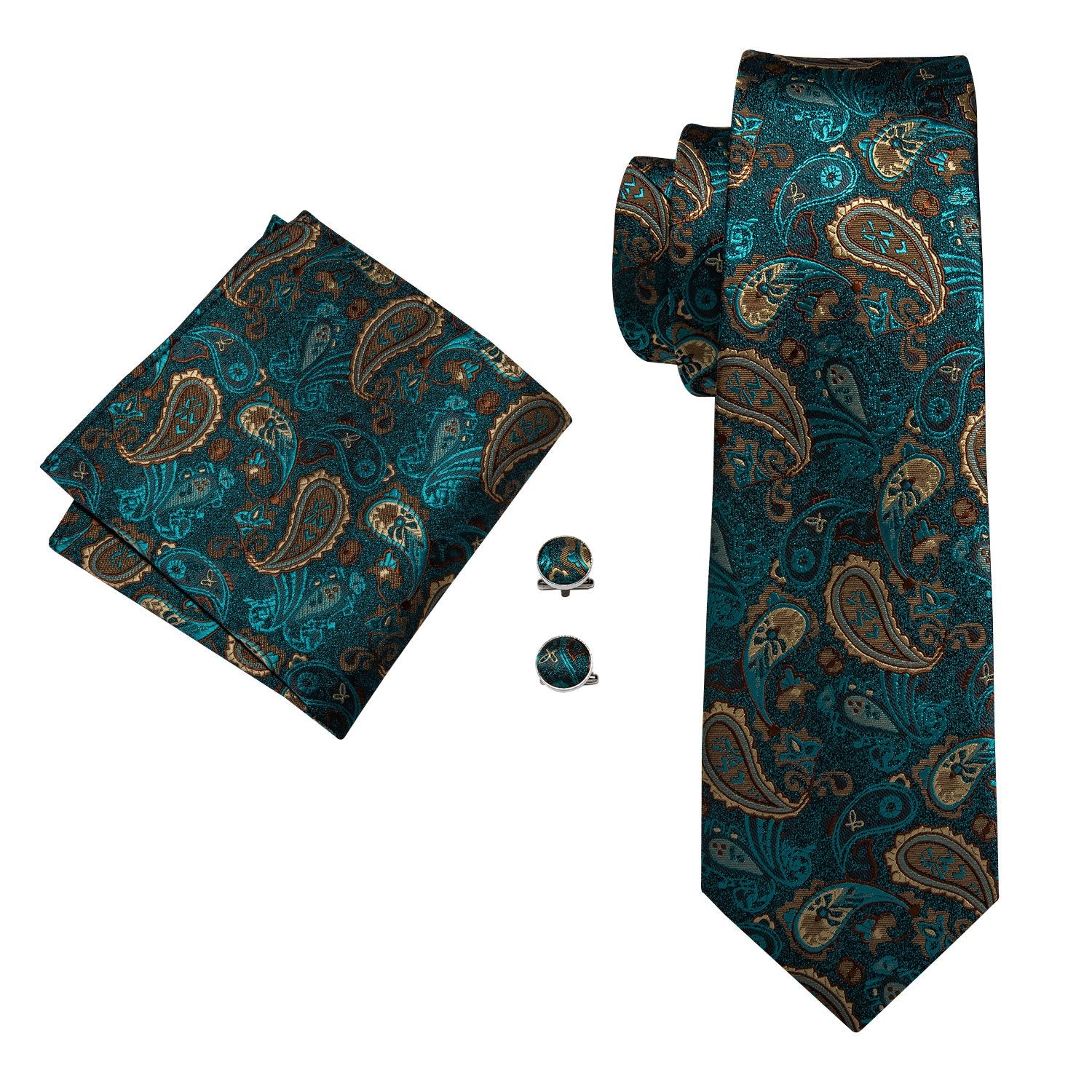 Barry Wang Green Brown Paisley Necktie Alloy Lapel Pin Brooch Pocket Square Cufflinks Gift Box Set